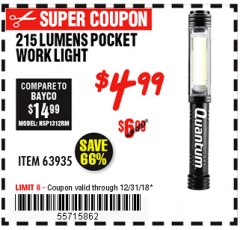 Harbor Freight Coupon 215 LUMENS POCKET WORK LIGHT Lot No. 63935 Expired: 12/31/18 - $4.99