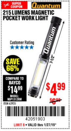 Harbor Freight Coupon 215 LUMENS POCKET WORK LIGHT Lot No. 63935 Expired: 1/27/19 - $4.99