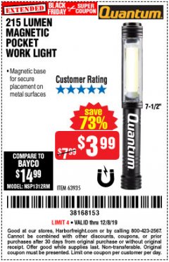 Harbor Freight Coupon 215 LUMENS POCKET WORK LIGHT Lot No. 63935 Expired: 12/8/19 - $3.99