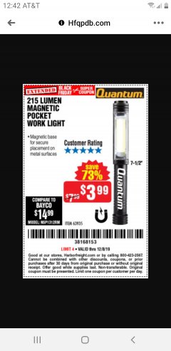 Harbor Freight Coupon 215 LUMENS POCKET WORK LIGHT Lot No. 63935 Expired: 12/8/19 - $3.99