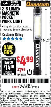 Harbor Freight Coupon 215 LUMENS POCKET WORK LIGHT Lot No. 63935 Expired: 1/26/20 - $4.99