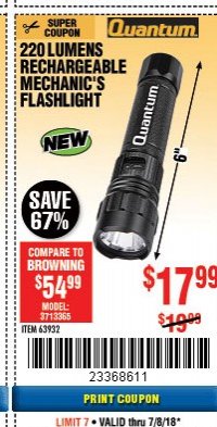Harbor Freight Coupon 220 LUMENS RECHARGEABLE MECHANIC'S FLASHLIGHT Lot No. 63932 Expired: 7/8/18 - $17.99