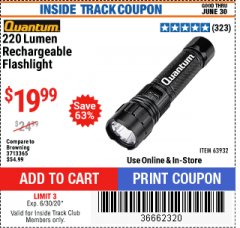 Harbor Freight Coupon 220 LUMENS RECHARGEABLE MECHANIC'S FLASHLIGHT Lot No. 63932 Expired: 8/16/20 - $19.99