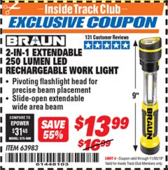 Harbor Freight ITC Coupon 2-IN-1 EXTENDABLE 250 LUMENS LED RECHARGEABLE WORK LIGHT Lot No. 63983 Expired: 11/30/19 - $13.99