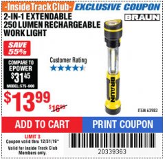 Harbor Freight ITC Coupon 2-IN-1 EXTENDABLE 250 LUMENS LED RECHARGEABLE WORK LIGHT Lot No. 63983 Expired: 12/31/19 - $13.99