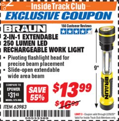 Harbor Freight ITC Coupon 2-IN-1 EXTENDABLE 250 LUMENS LED RECHARGEABLE WORK LIGHT Lot No. 63983 Expired: 2/29/20 - $13.99