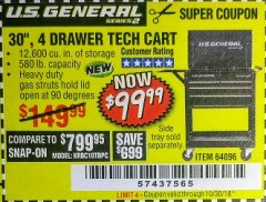 Harbor Freight Coupon 30", 4 DRAWER TECH CART Lot No. 64818/56391/56387/56386/56392/56394/56393/64096 Expired: 10/30/18 - $99.99