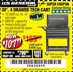 Harbor Freight Coupon 30", 4 DRAWER TECH CART Lot No. 64818/56391/56387/56386/56392/56394/56393/64096 Expired: 4/7/19 - $107.99