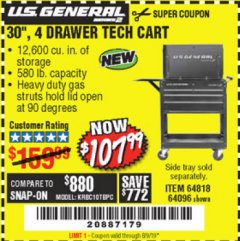 Harbor Freight Coupon 30", 4 DRAWER TECH CART Lot No. 64818/56391/56387/56386/56392/56394/56393/64096 Expired: 8/9/19 - $107.99