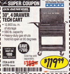 Harbor Freight Coupon 30", 4 DRAWER TECH CART Lot No. 64818/56391/56387/56386/56392/56394/56393/64096 Expired: 6/17/19 - $119.99
