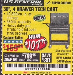 Harbor Freight Coupon 30", 4 DRAWER TECH CART Lot No. 64818/56391/56387/56386/56392/56394/56393/64096 Expired: 8/8/19 - $107.99