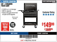 Harbor Freight Coupon 30", 4 DRAWER TECH CART Lot No. 64818/56391/56387/56386/56392/56394/56393/64096 Expired: 7/21/19 - $149.99