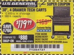 Harbor Freight Coupon 30", 4 DRAWER TECH CART Lot No. 64818/56391/56387/56386/56392/56394/56393/64096 Expired: 10/9/19 - $119.99