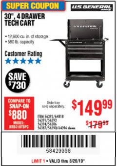 Harbor Freight Coupon 30", 4 DRAWER TECH CART Lot No. 64818/56391/56387/56386/56392/56394/56393/64096 Expired: 8/26/19 - $149.99
