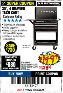 Harbor Freight Coupon 30", 4 DRAWER TECH CART Lot No. 64818/56391/56387/56386/56392/56394/56393/64096 Expired: 9/30/19 - $149.99