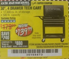 Harbor Freight Coupon 30", 4 DRAWER TECH CART Lot No. 64818/56391/56387/56386/56392/56394/56393/64096 Expired: 1/9/20 - $139.99