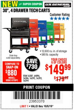 Harbor Freight Coupon 30", 4 DRAWER TECH CART Lot No. 64818/56391/56387/56386/56392/56394/56393/64096 Expired: 10/6/19 - $149.99