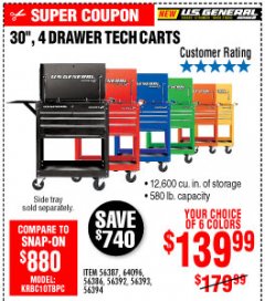 Harbor Freight Coupon 30", 4 DRAWER TECH CART Lot No. 64818/56391/56387/56386/56392/56394/56393/64096 Expired: 10/4/19 - $139.99