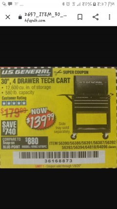 Harbor Freight Coupon 30", 4 DRAWER TECH CART Lot No. 64818/56391/56387/56386/56392/56394/56393/64096 Expired: 12/1/19 - $139.99