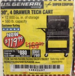 Harbor Freight Coupon 30", 4 DRAWER TECH CART Lot No. 64818/56391/56387/56386/56392/56394/56393/64096 Expired: 12/20/19 - $119.99