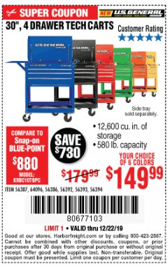 Harbor Freight Coupon 30", 4 DRAWER TECH CART Lot No. 64818/56391/56387/56386/56392/56394/56393/64096 Expired: 12/22/19 - $149.99