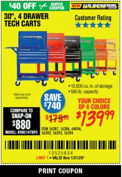 Harbor Freight Coupon 30", 4 DRAWER TECH CART Lot No. 64818/56391/56387/56386/56392/56394/56393/64096 Expired: 1/31/20 - $139.99