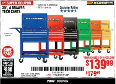Harbor Freight Coupon 30", 4 DRAWER TECH CART Lot No. 64818/56391/56387/56386/56392/56394/56393/64096 Expired: 1/1/20 - $139.99