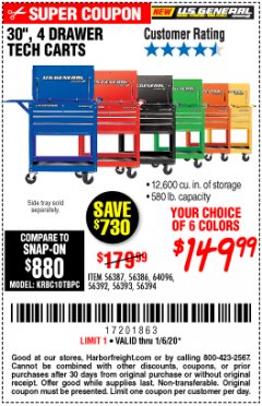 Harbor Freight Coupon 30", 4 DRAWER TECH CART Lot No. 64818/56391/56387/56386/56392/56394/56393/64096 Expired: 1/6/20 - $149.99