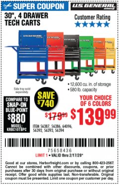 Harbor Freight Coupon 30", 4 DRAWER TECH CART Lot No. 64818/56391/56387/56386/56392/56394/56393/64096 Expired: 2/17/20 - $139.99
