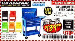 Harbor Freight Coupon 30", 4 DRAWER TECH CART Lot No. 64818/56391/56387/56386/56392/56394/56393/64096 Expired: 3/31/20 - $139.99