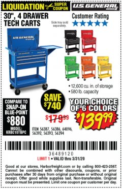 Harbor Freight Coupon 30", 4 DRAWER TECH CART Lot No. 64818/56391/56387/56386/56392/56394/56393/64096 Expired: 3/31/20 - $139.99
