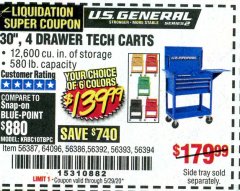 Harbor Freight Coupon 30", 4 DRAWER TECH CART Lot No. 64818/56391/56387/56386/56392/56394/56393/64096 Expired: 6/30/20 - $139.99
