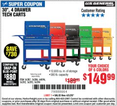 Harbor Freight Coupon 30", 4 DRAWER TECH CART Lot No. 64818/56391/56387/56386/56392/56394/56393/64096 Expired: 6/30/20 - $149.99