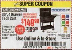 Harbor Freight Coupon 30", 4 DRAWER TECH CART Lot No. 64818/56391/56387/56386/56392/56394/56393/64096 Expired: 8/27/20 - $149.99