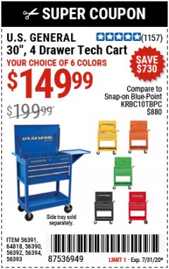 Harbor Freight Coupon 30", 4 DRAWER TECH CART Lot No. 64818/56391/56387/56386/56392/56394/56393/64096 Expired: 7/31/20 - $149.99