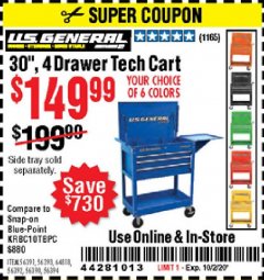 Harbor Freight Coupon 30", 4 DRAWER TECH CART Lot No. 64818/56391/56387/56386/56392/56394/56393/64096 Expired: 10/2/20 - $149.99