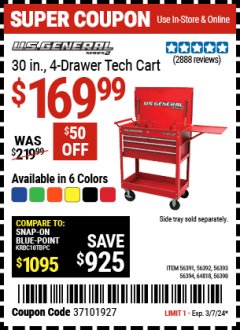 Harbor Freight Coupon 30", 4 DRAWER TECH CART Lot No. 64818/56391/56387/56386/56392/56394/56393/64096 Expired: 3/7/24 - $169.99