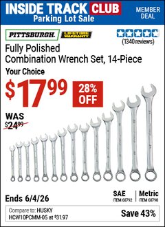 Harbor Freight ITC Coupon PITTSBURGH FULLY POLISHED COMBINATION WRENCH SET, 14-PIECE Lot No. 68790 Expired: 6/4/26 - $17.99