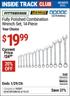 Harbor Freight ITC Coupon PITTSBURGH FULLY POLISHED METRIC COMBINATION WRENCH SET, 14-PIECE Lot No. 68790 Valid Thru: 1/29/26 - $19.99