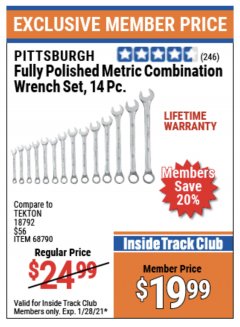 Harbor Freight ITC Coupon 14 PIECE FULLY POLISHED COMBINATION WRENCH SETS Lot No. 68792/68790 Expired: 1/28/21 - $19.99