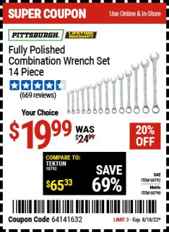 Harbor Freight Coupon 14 PIECE FULLY POLISHED COMBINATION WRENCH SETS Lot No. 68792/68790 Expired: 8/18/22 - $19.99