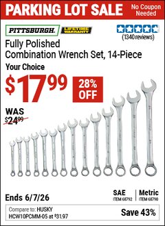 Harbor Freight Coupon PITTSBURGH FULLY POLISHED COMBINATION WRENCH SET, 14-PIECE Lot No. 68790 Expired: 6/7/26 - $17.99