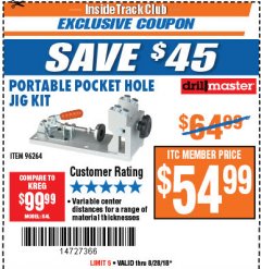 Harbor Freight ITC Coupon PORTABLE POCKET HOLE JIG KIT Lot No. 96264 Expired: 8/28/18 - $54.99