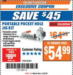 Harbor Freight ITC Coupon PORTABLE POCKET HOLE JIG KIT Lot No. 96264 Expired: 11/6/18 - $54.99