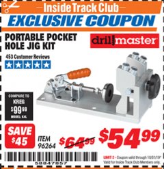 Harbor Freight ITC Coupon PORTABLE POCKET HOLE JIG KIT Lot No. 96264 Expired: 10/31/19 - $54.99