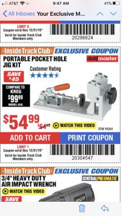 Harbor Freight ITC Coupon PORTABLE POCKET HOLE JIG KIT Lot No. 96264 Expired: 12/31/19 - $54.99