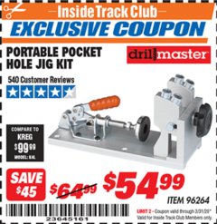 Harbor Freight ITC Coupon PORTABLE POCKET HOLE JIG KIT Lot No. 96264 Expired: 3/31/20 - $54.99