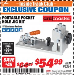 Harbor Freight ITC Coupon PORTABLE POCKET HOLE JIG KIT Lot No. 96264 Expired: 6/30/20 - $54.99