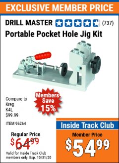 Harbor Freight ITC Coupon PORTABLE POCKET HOLE JIG KIT Lot No. 96264 Expired: 10/31/20 - $54.99