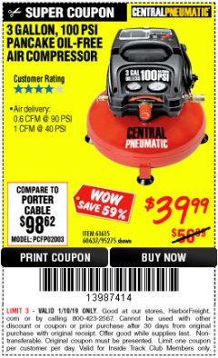 Harbor Freight ITC Coupon 3 GALLON, 100 PSI PANCAKE OIL-FREE AIR COMPRESSOR Lot No. 61615/60637/95275 Expired: 1/10/19 - $39.99